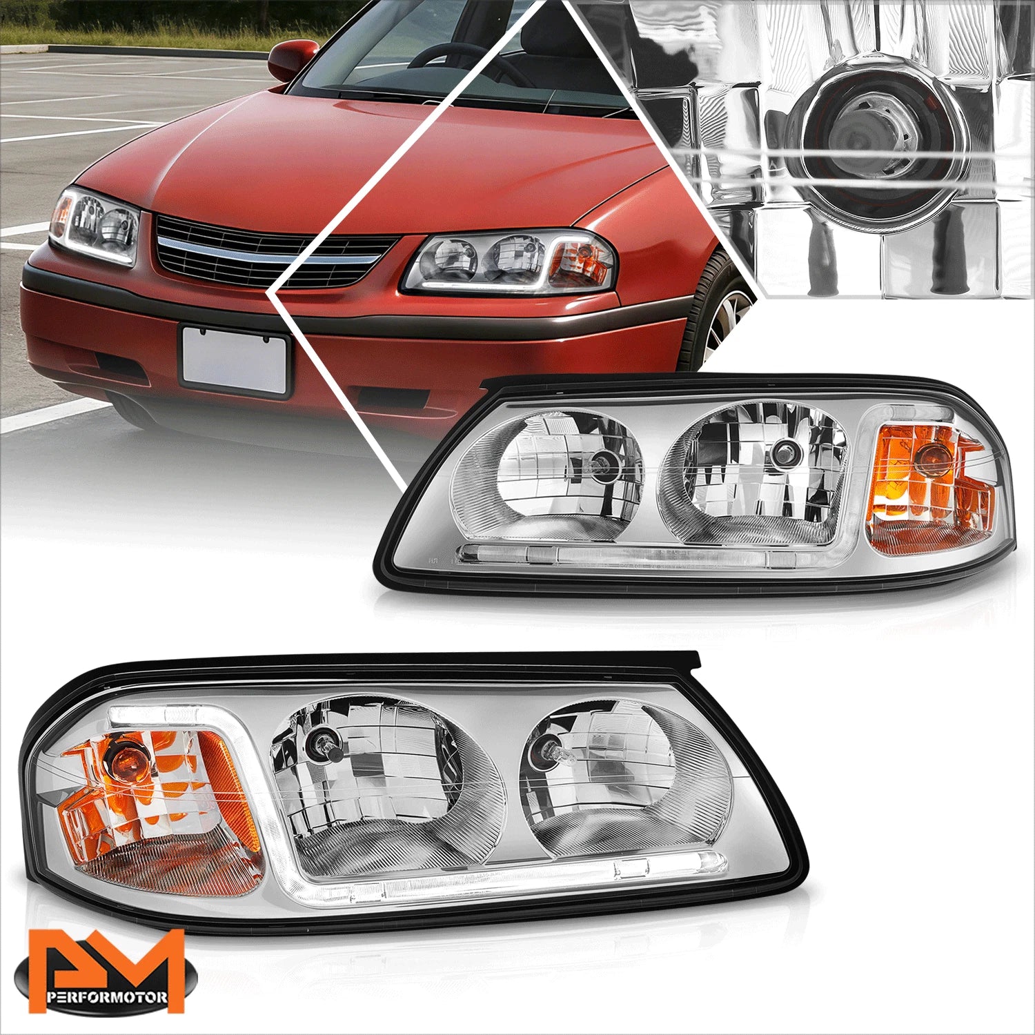 LED DRL Chrome Housing Headlight Replacement for Chevy Impala (2000–2005)
