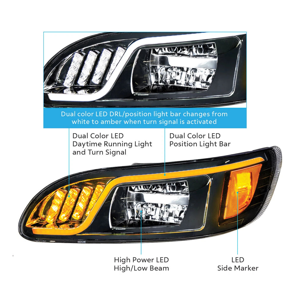 LED Blackout Headlights Pair with Dual LED Turn Signals for Peterbilt 386 (2016–2017)