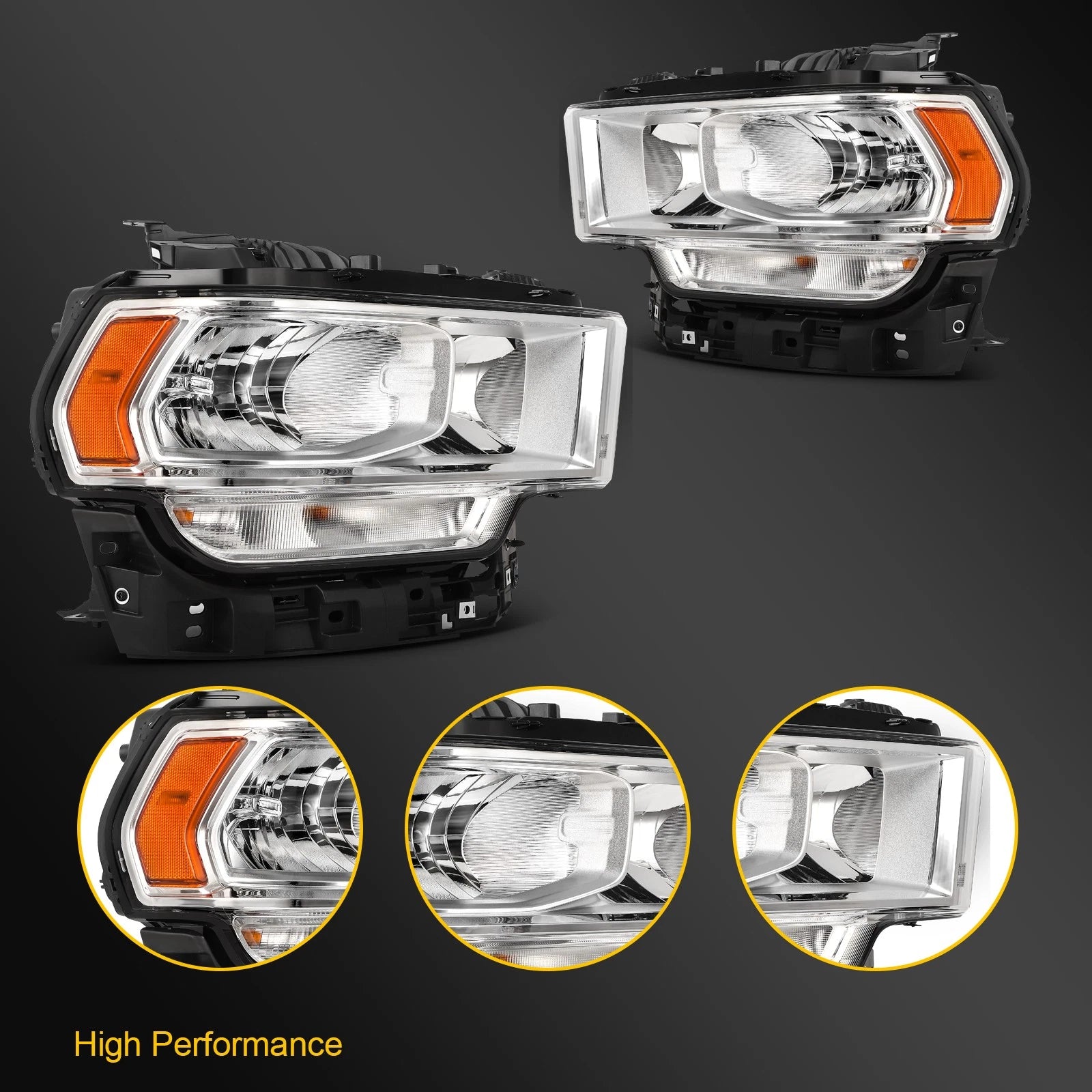 Set of 2 Headlights for Ram 2500 3500 (2019–2024) Chrome Housing