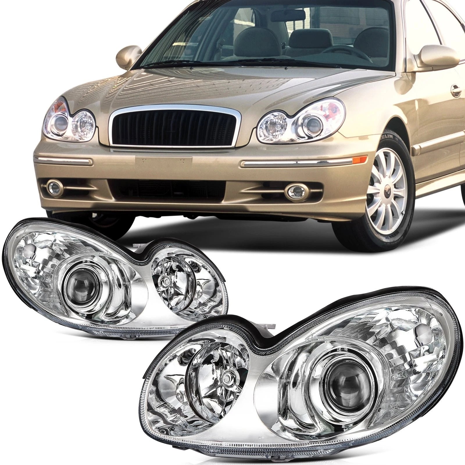 Chrome Housing Headlights Assembly Pair for Hyundai Sonata (2002–2005)