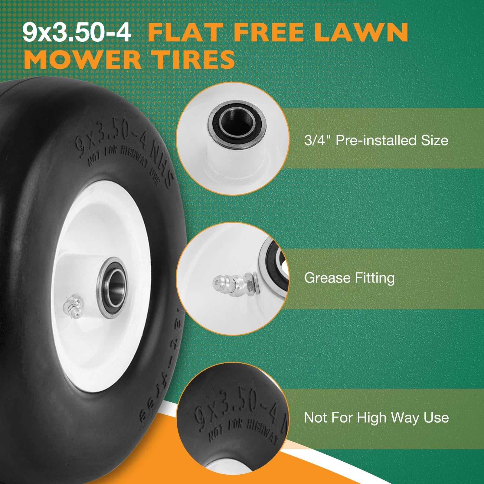 Set of 2 Flat Free Tires for Zero-Turn Lawn Mower (9x3.50-4)