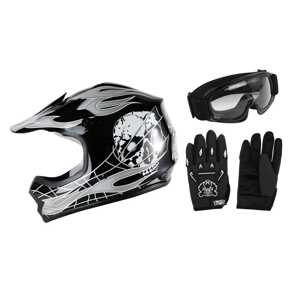 Youth Full Face Motocross Helmet for Kids (S, M, L, XL) - Black Skull DOT