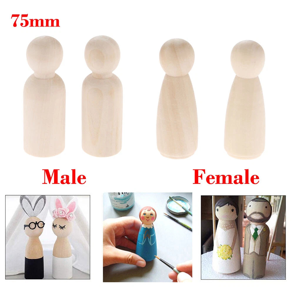 2X 75mm Wooden Peg Dolls for DIY Crafts & Cake Toppers