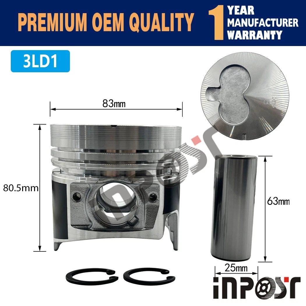 Set of 3 Pistons with Rings (Pin & Clip) for Isuzu 3LD1 Engine Excavator