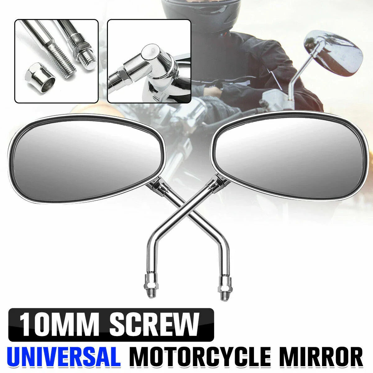 Chrome Motorcycle Oval Rearview Side Mirrors 10mm for Cruiser Chopper