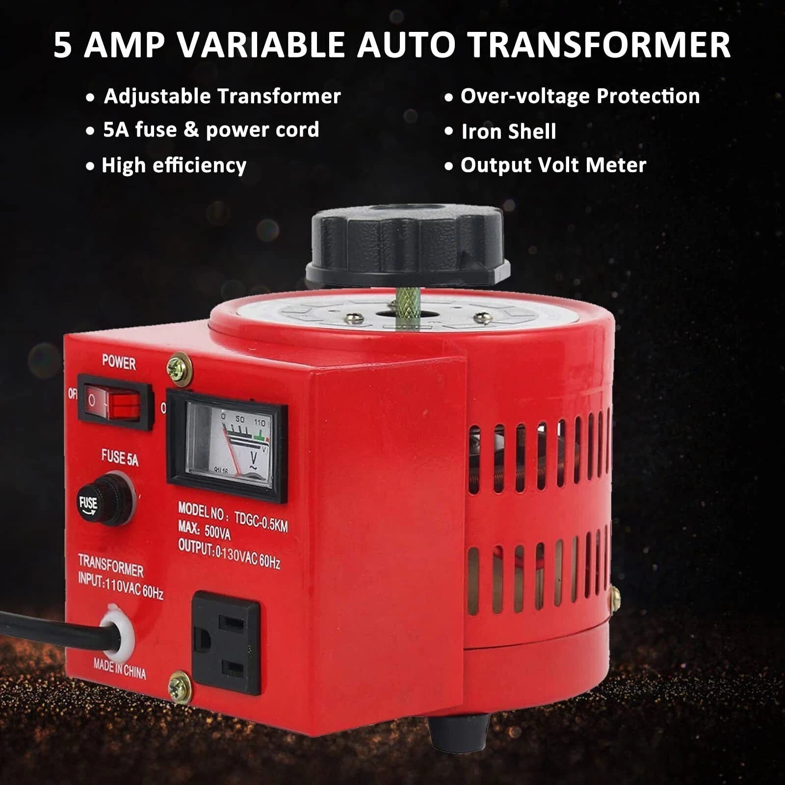 5Amp Variac Variable Transformer for AC Voltage Regulation (500VA, 0-130V)