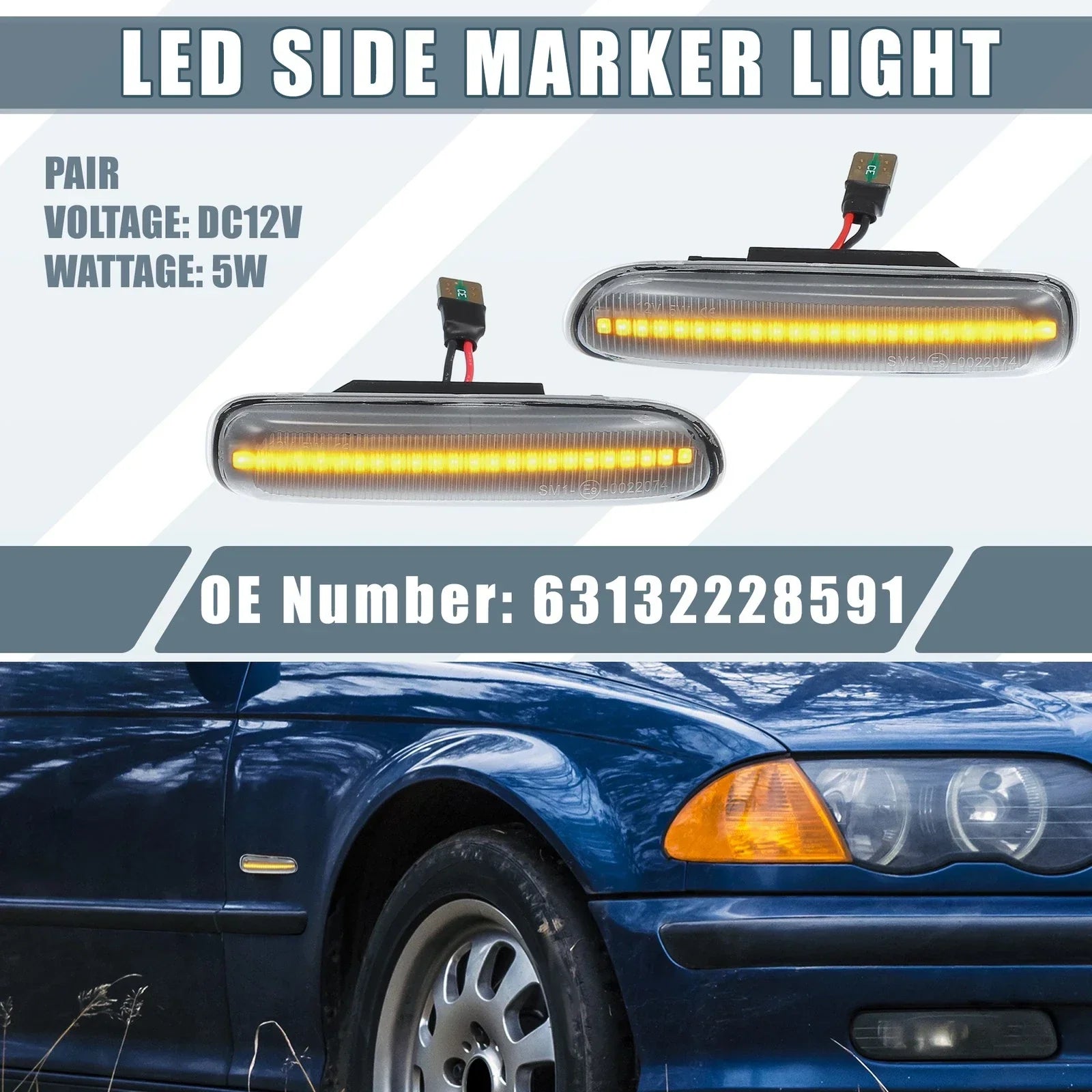 Pair LED Side Marker Amber Light for BMW 325i 330i E46 Clear Lens