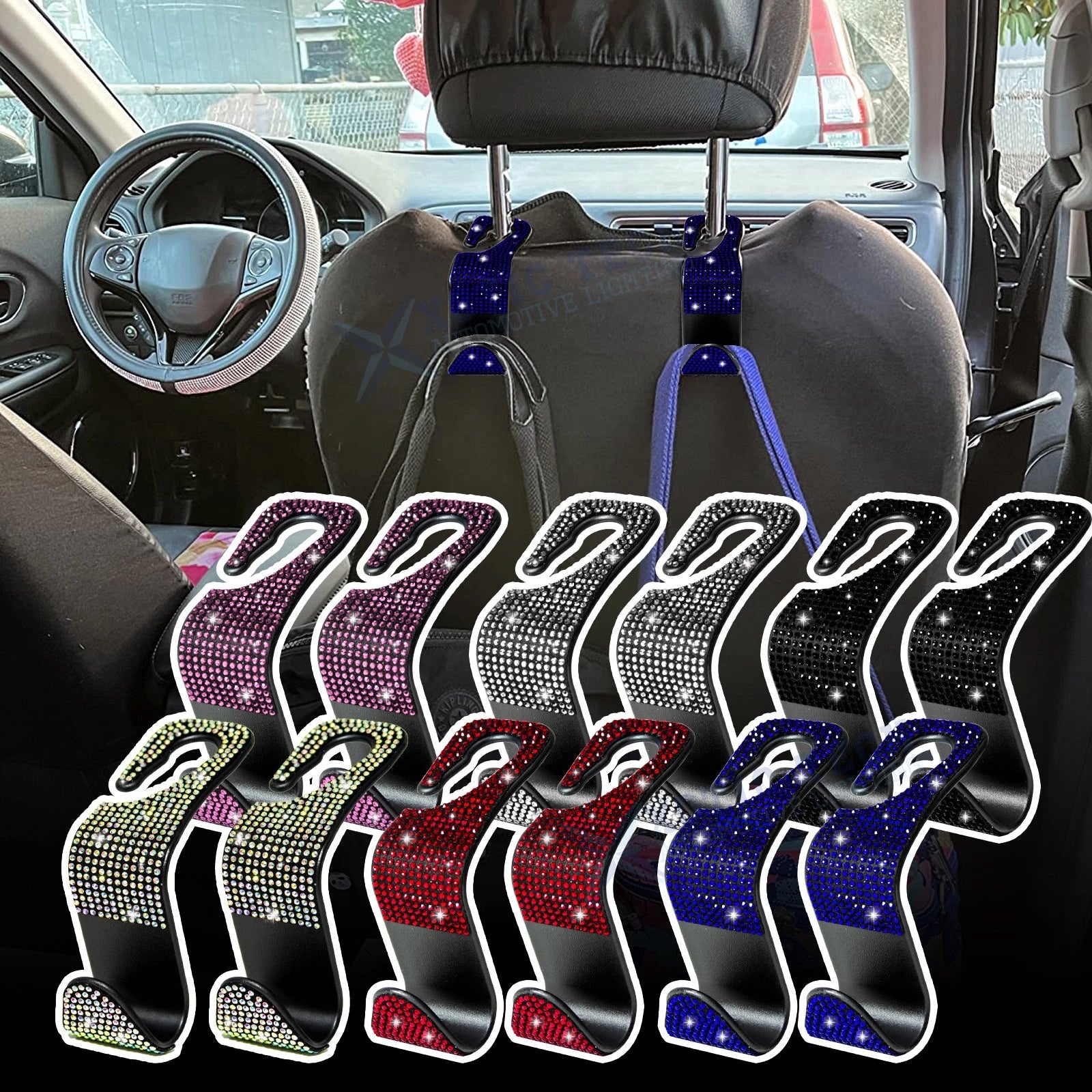 Bling Rhinestone Auto Back Seat Hanger Rear Headrest Hook for Universal Fit (2 Packs)