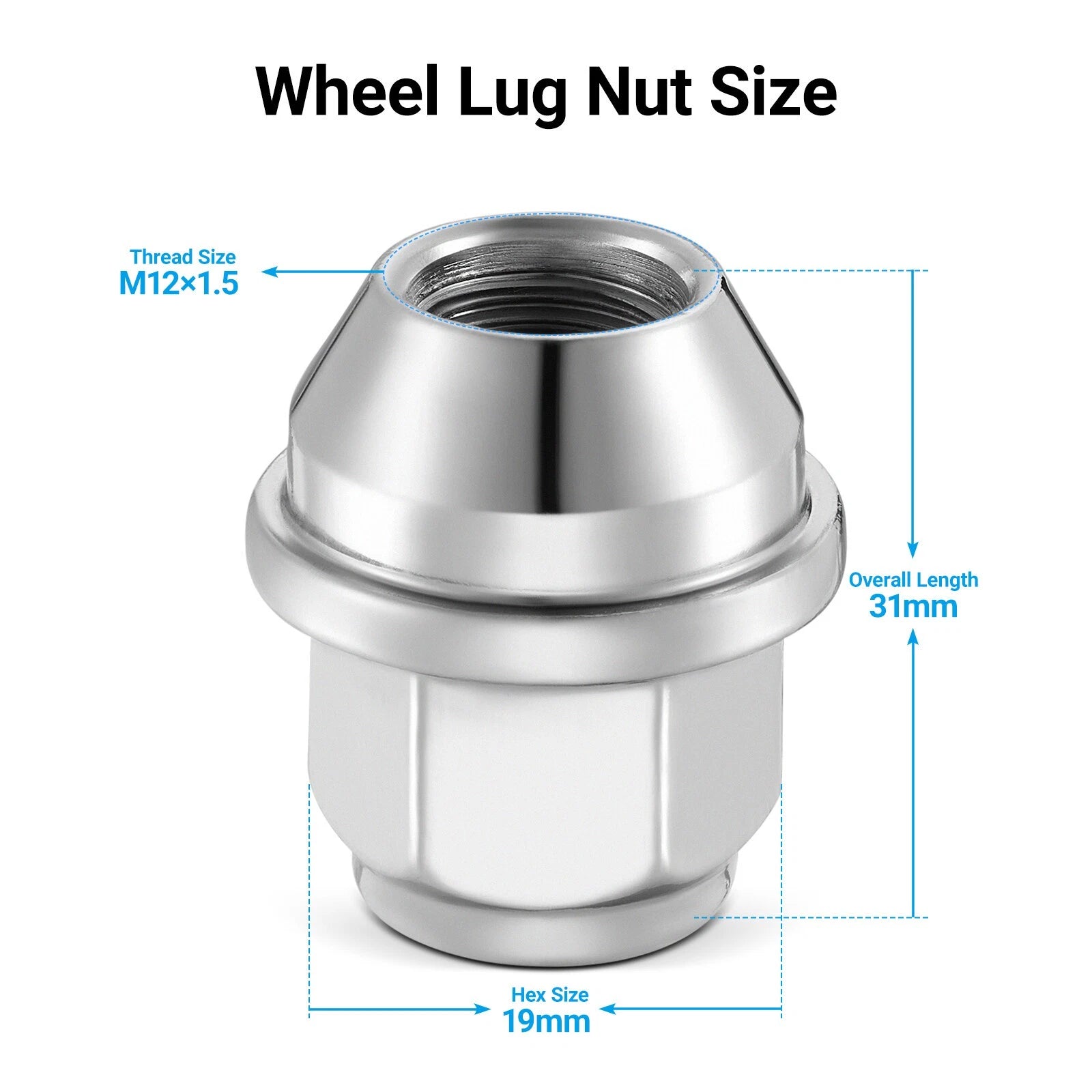 Set of 20 Chrome Wheel Lug Nuts M12x1.5 19mm Hex for Ford Fiesta (2014–2017)