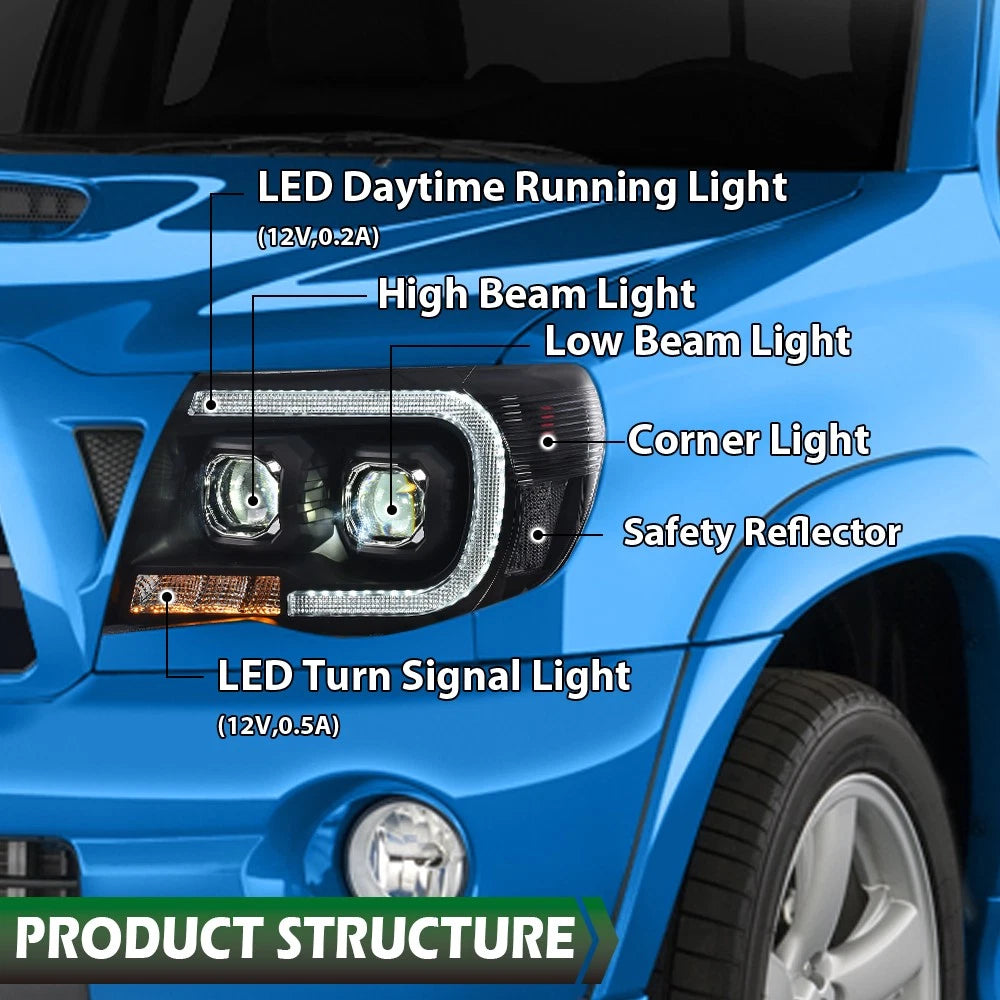 Dual LED Tube Projector Headlights for Toyota Tacoma (2005–2011)