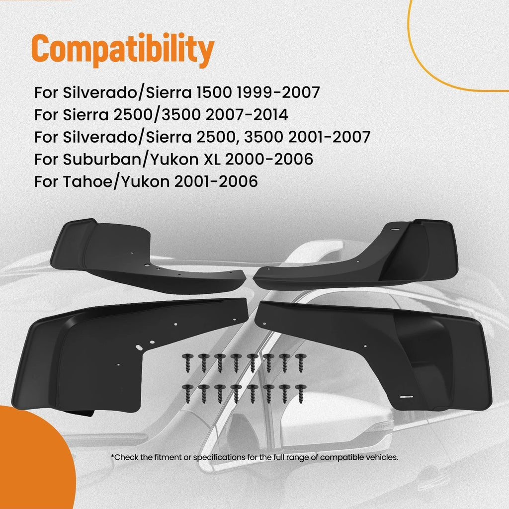 4X Splash Guards Set for Chevy GMC Full Size Trucks (1999–2014) 12498060 Black