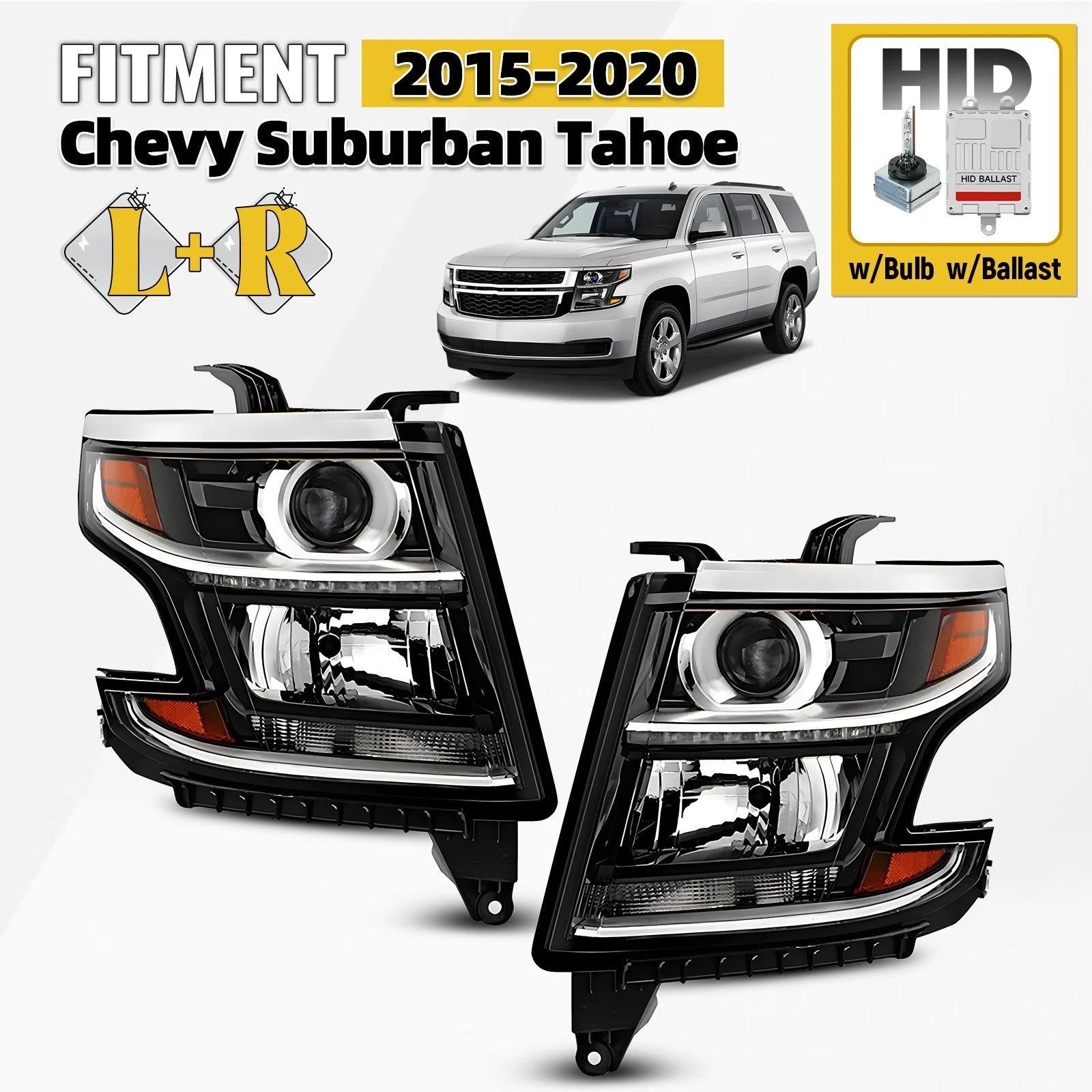 HID Headlight Set for Chevy Tahoe/Suburban (2015–2020) w/Bulb & Ballast