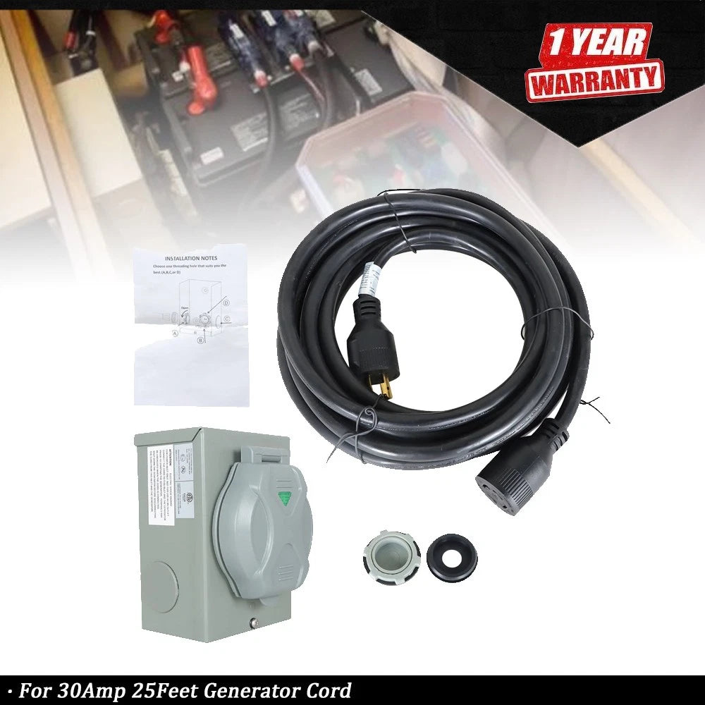 30A Generator Cord for Power Inlet Box (25FT, Waterproof)