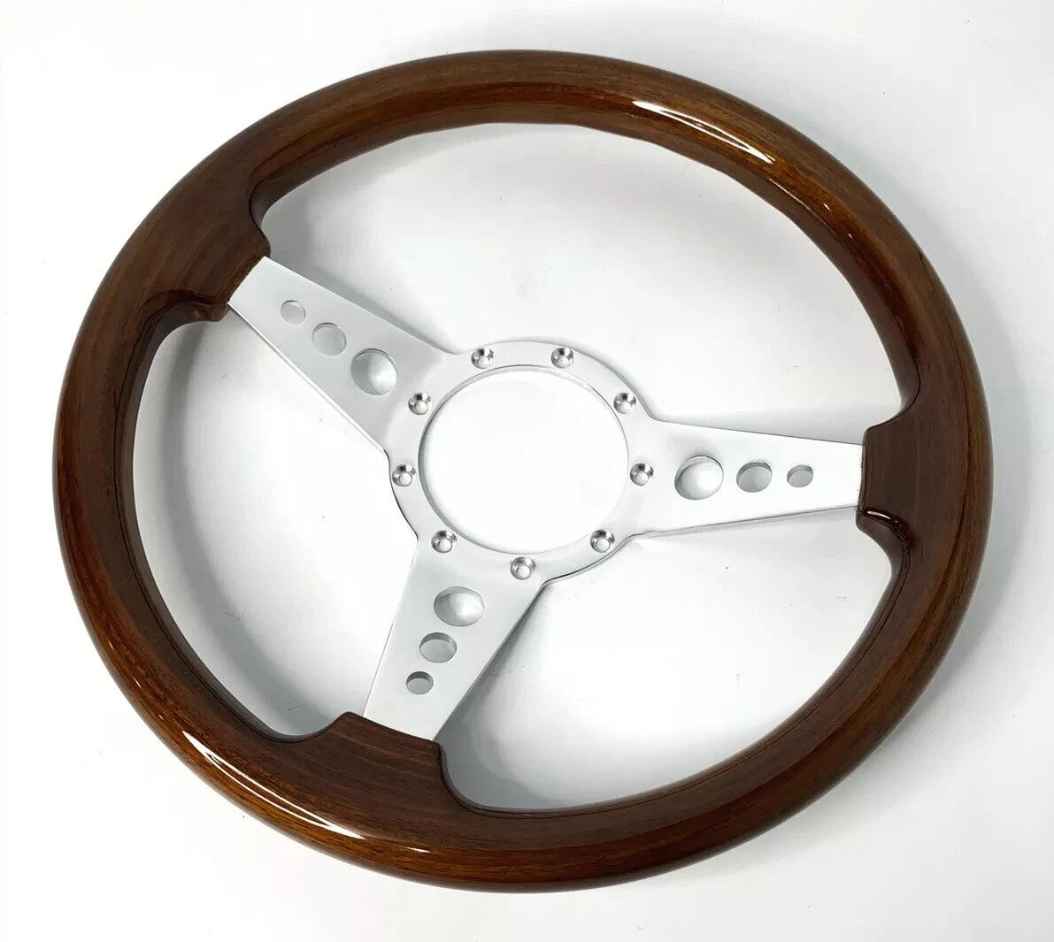 Steering Wheel 14 Inch Drilled 3 Spoke Walnut Grip for Universal Fit (9 Hole)