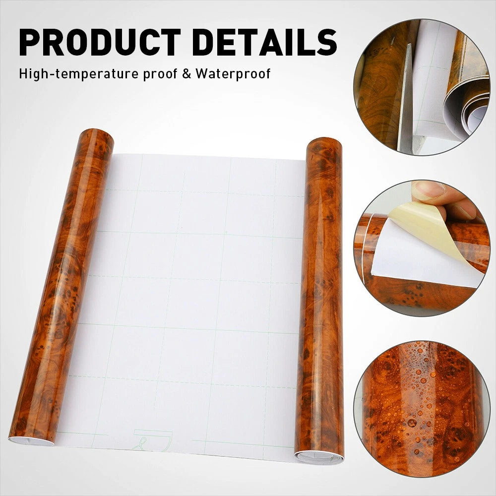Wood Grain Textured Glossy Vinyl Wrap for Car Interior (Universal Fit)