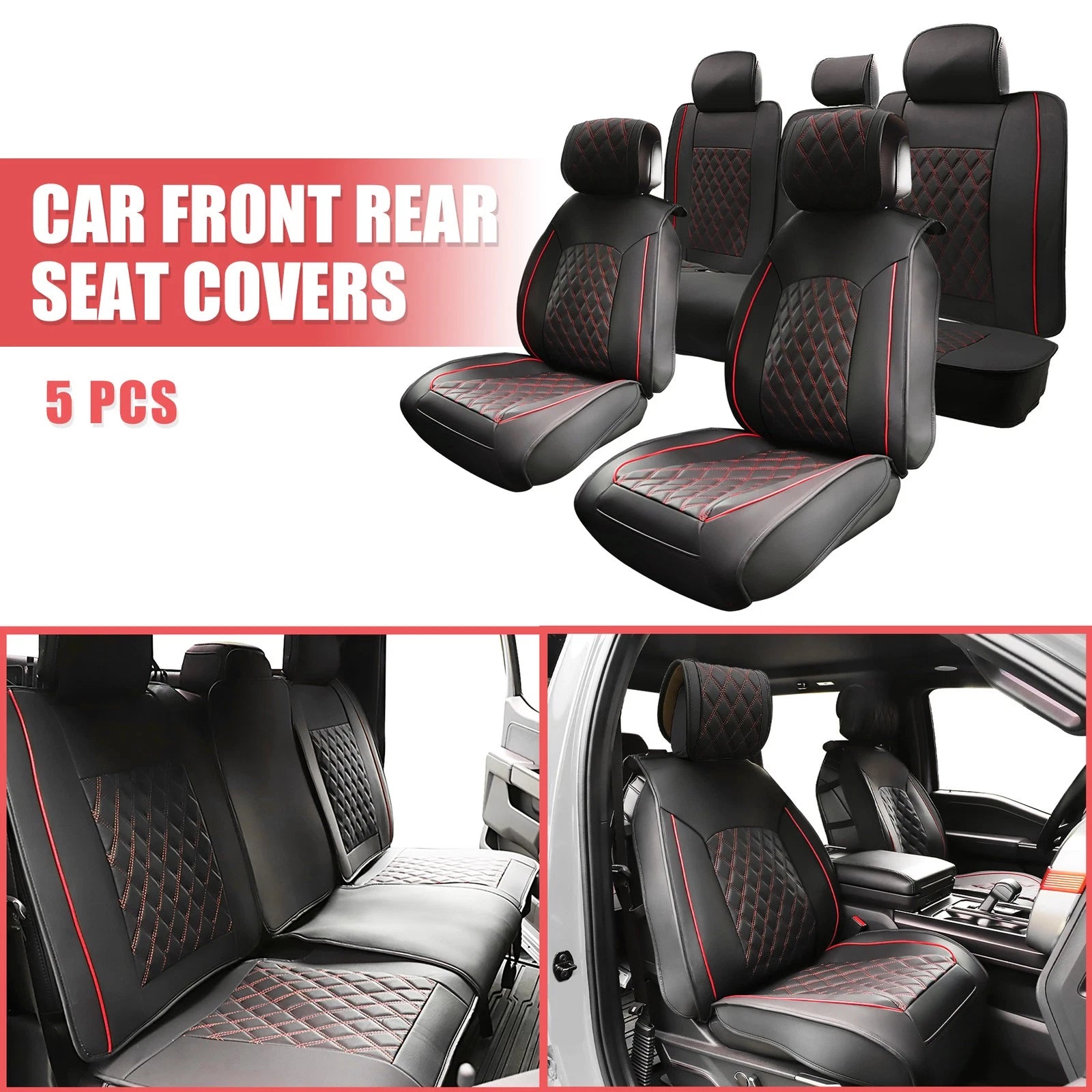 Set of 5 Front Rear Seat Covers for Ford F-150 Crew Cab (2009–2023) Black Red
