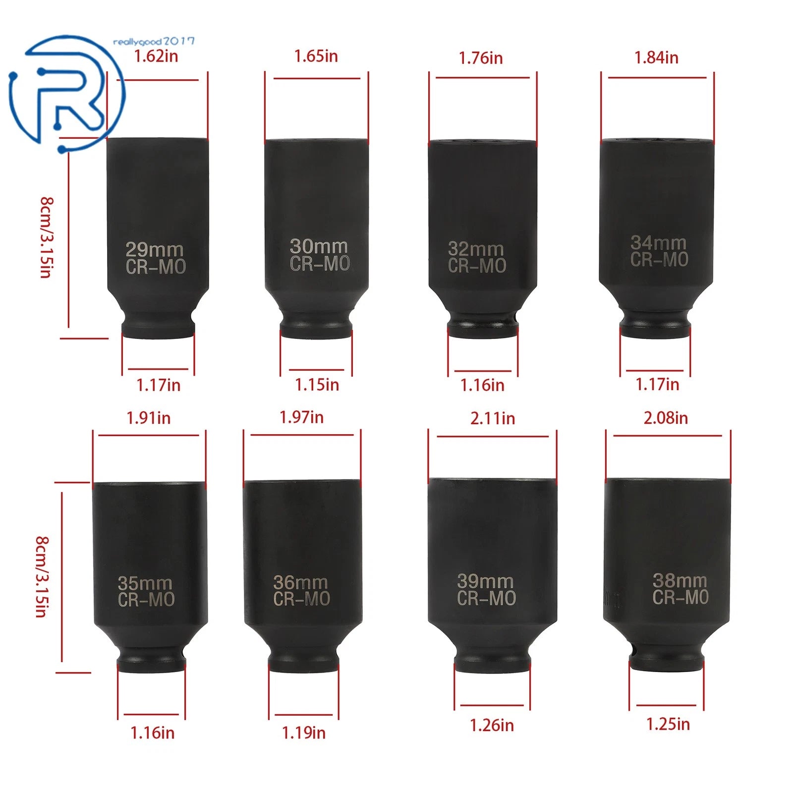 Set of 8 Deep Impact Sockets for Spindle Axle Nut (29mm-39mm)