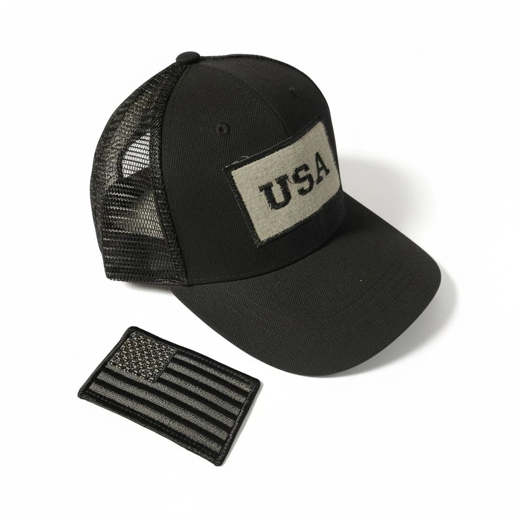 USA American Flag Tactical Cap with Detachable Patch - Black Micro Mesh