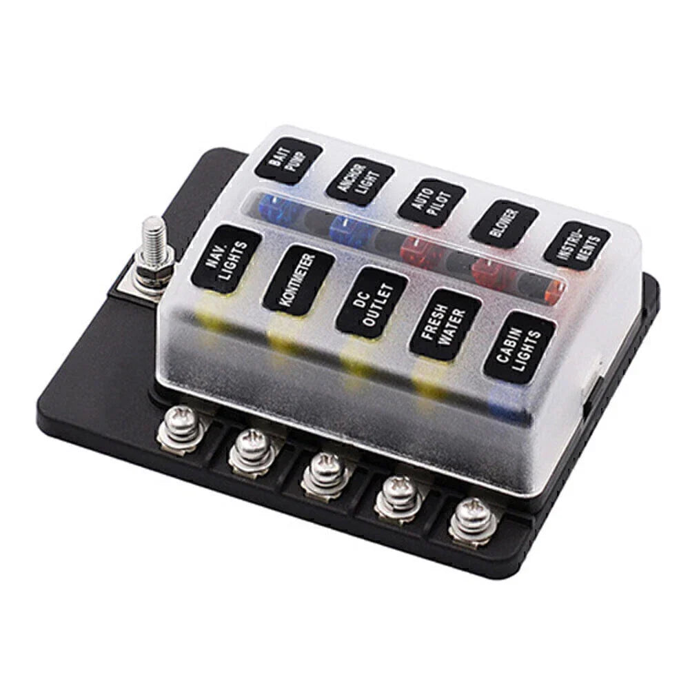 10-Way Blade Fuse Holder Box with LED Indicator for Marine 12V (N/A)