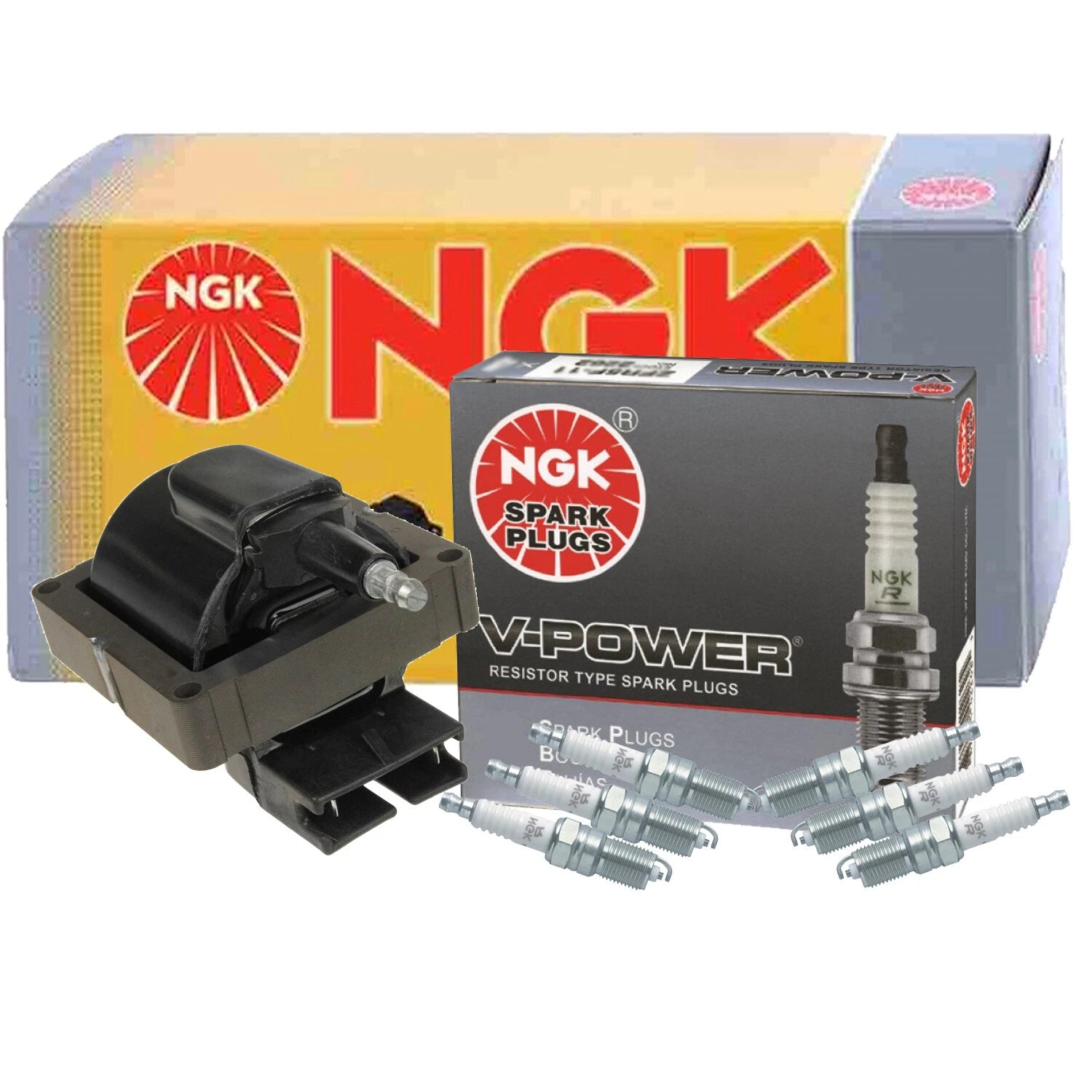 NGK HEI Ignition Coil & 6 V-Power Spark Plugs for Ford Mercury Merkur