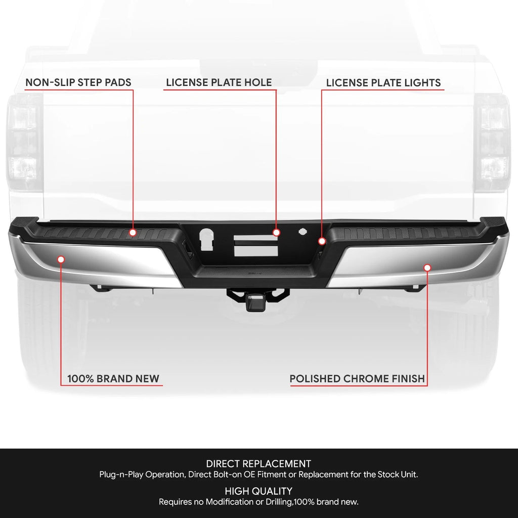 Rear Bumper Assembly for Ford F-150 (2021–2023) Chrome w/o Sensor Holes & Tow Package