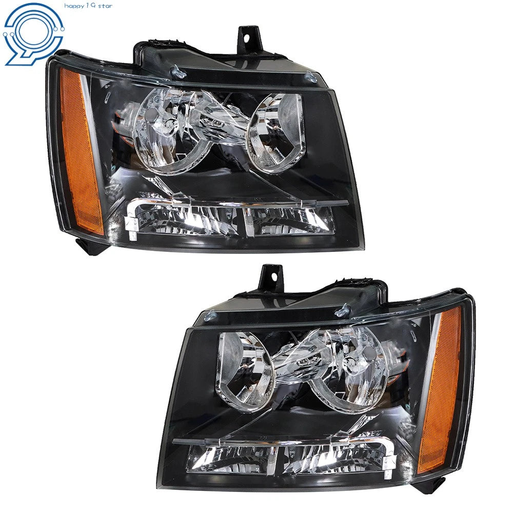 Set of 2 Black Headlights with Amber Corner for Chevy Avalanche/Suburban/Tahoe (2007–2014)