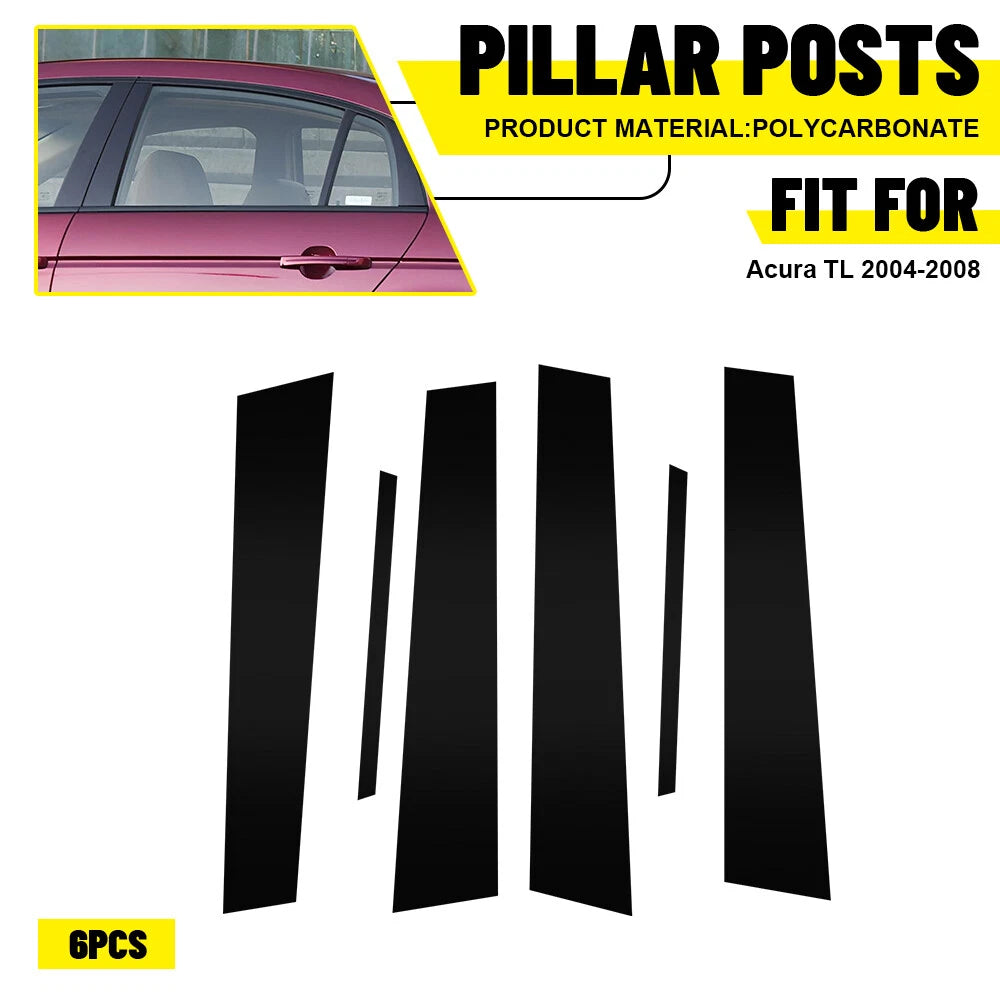 Set of 6 Glossy Black Door Window Pillar Post Covers for Acura TL (2004–2008)