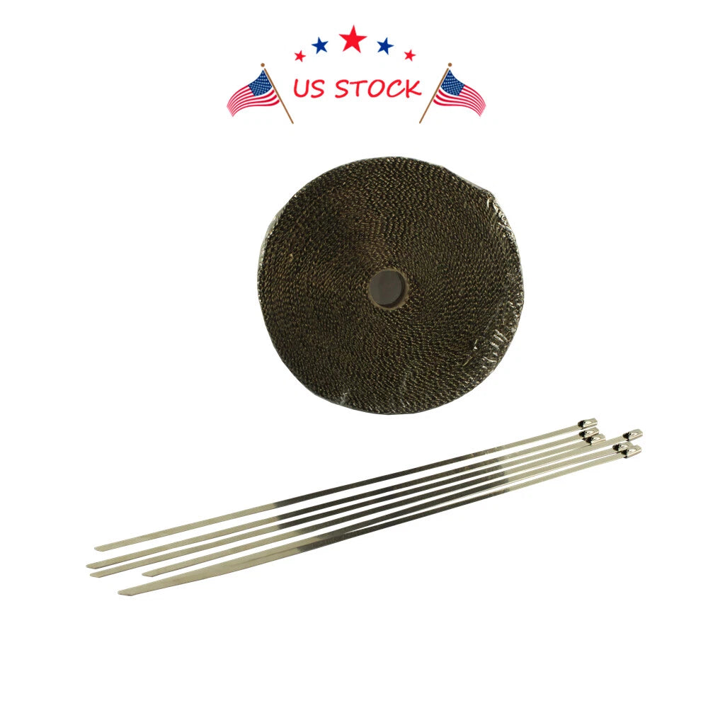 6 Ties Kit 1" x 50ft Titanium Exhaust Heat Wrap Tape for Automotive Use