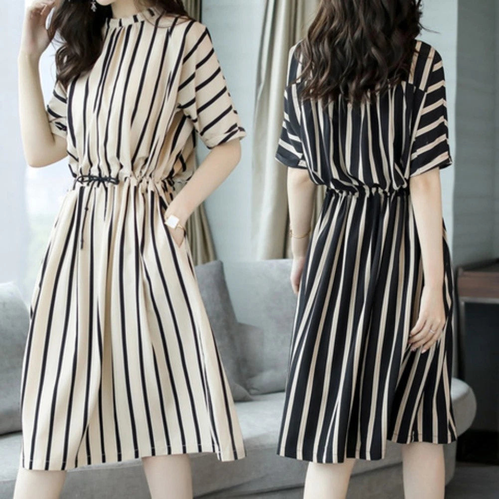Mid-length Vertical Striped Dress with Cinched Waist for Women