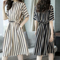 Mid-length Vertical Striped Dress with Cinched Waist for Women