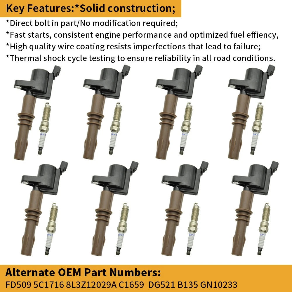8Pack Ignition Coils & Spark Plugs for Ford F150 4.6L 5.4L (2004–2008) DG521 FD509
