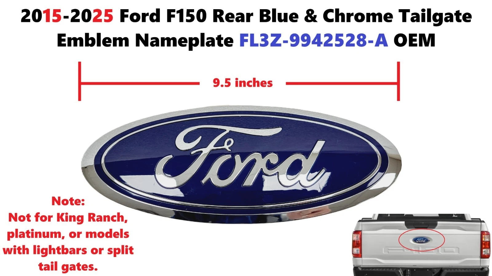 Blue & Chrome Tailgate Emblem Nameplate for Ford F150 (2015–2025) FL3Z-9942528-A