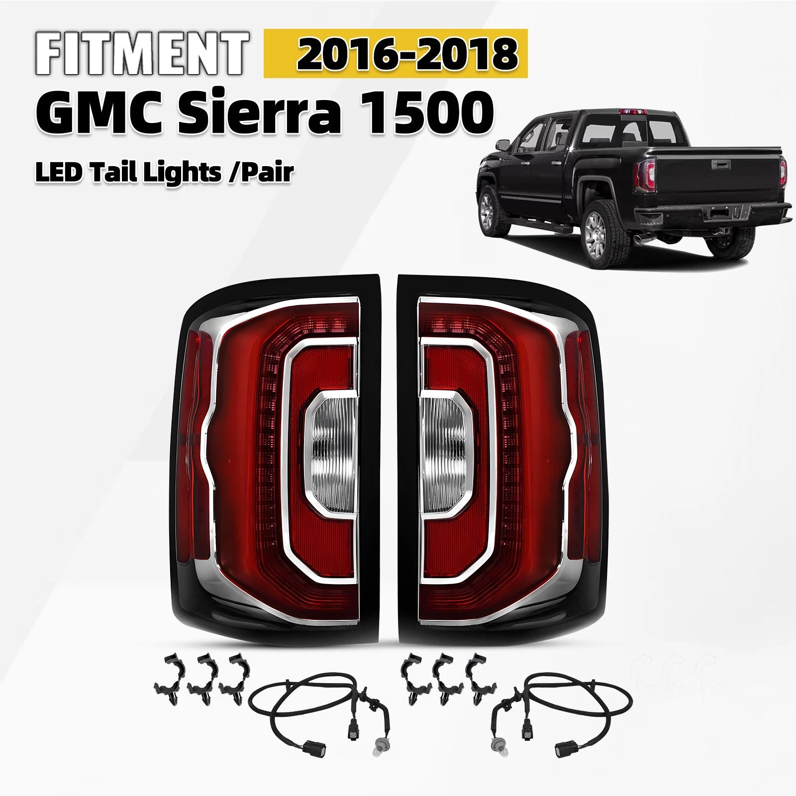 LED Tail Lights Pair for GMC Sierra 1500 (2016–2018) w/ Bulb & Accent Light