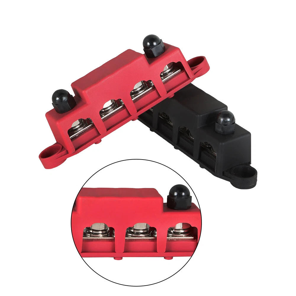 Set of 2 Red and Black 4 Post Busbars for Power Distribution 12V 250A