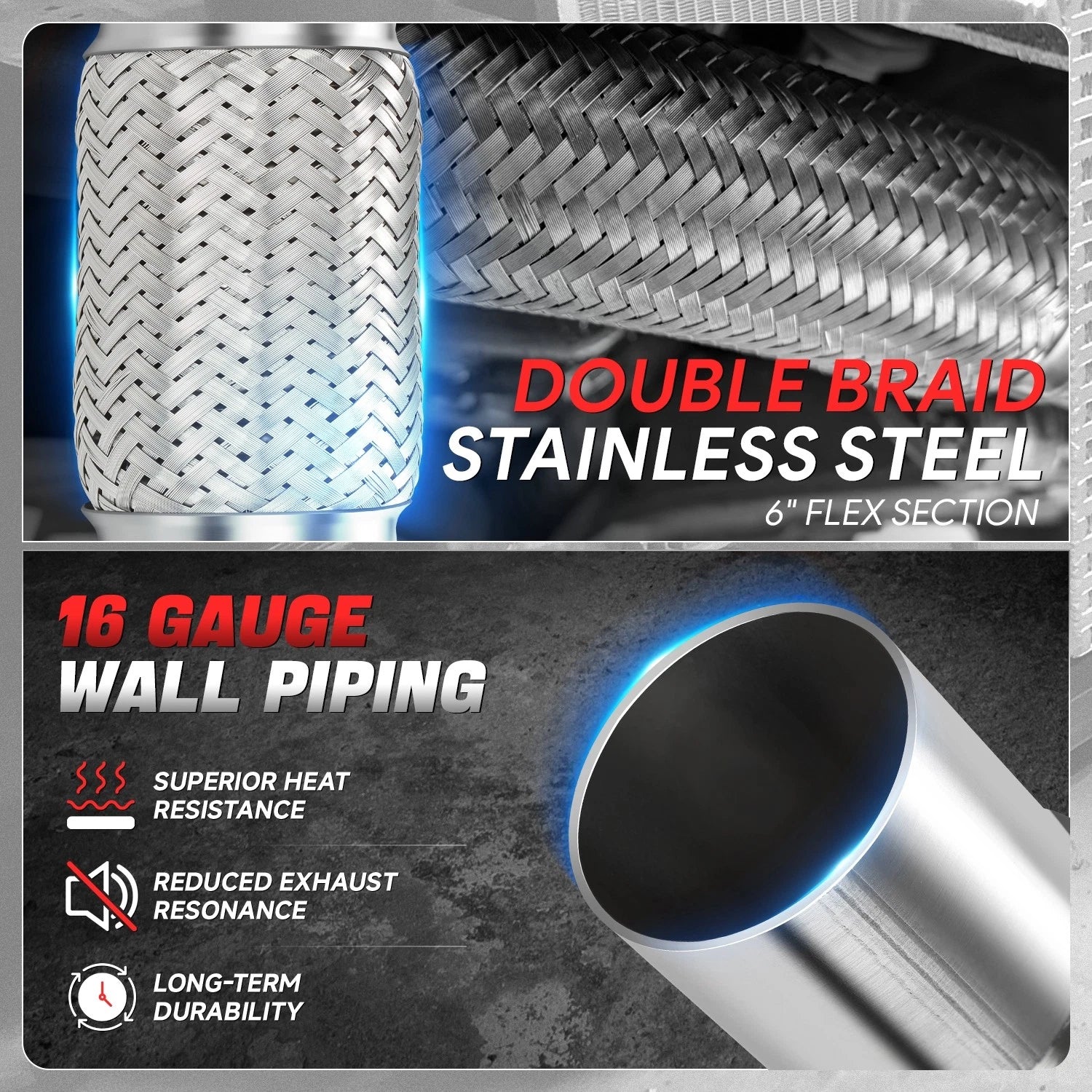 10" Double Braid Stainless Steel Flex Pipe for Custom Exhaust (2.25" OD)