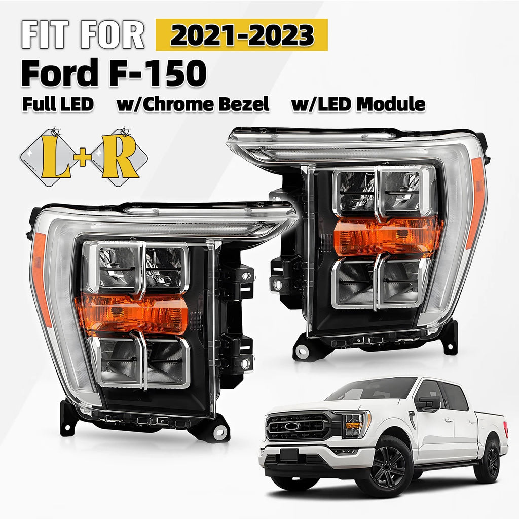 Full LED Headlight Set for Ford F-150 (2021–2023) w/Chrome Bezel
