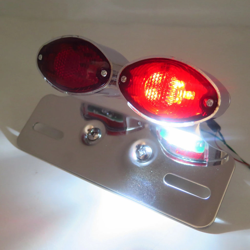Cat Eye Tail Brake License Plate Light for Motorcycle (Custom, Chromed Red)
