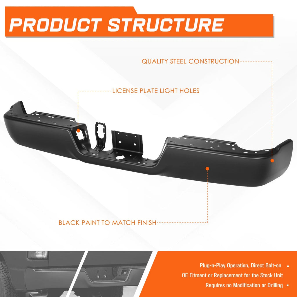 Rear Bumper Bar for Dodge Ram 1500-3500 (2009–2024) w/o Dual Exhaust, Park Sensor Hole