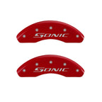Front Red Caliper Covers for 2012-2020 Chevrolet Sonic by MGP