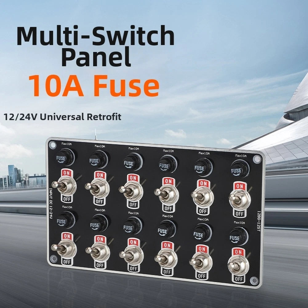 12 Gang Waterproof Rocker Switch Panel for RV Boat Truck (12V 24V)