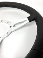 14 Inch Slotted Steering Wheel 3 Spoke Black Leather Grip for Universal (9 Hole)