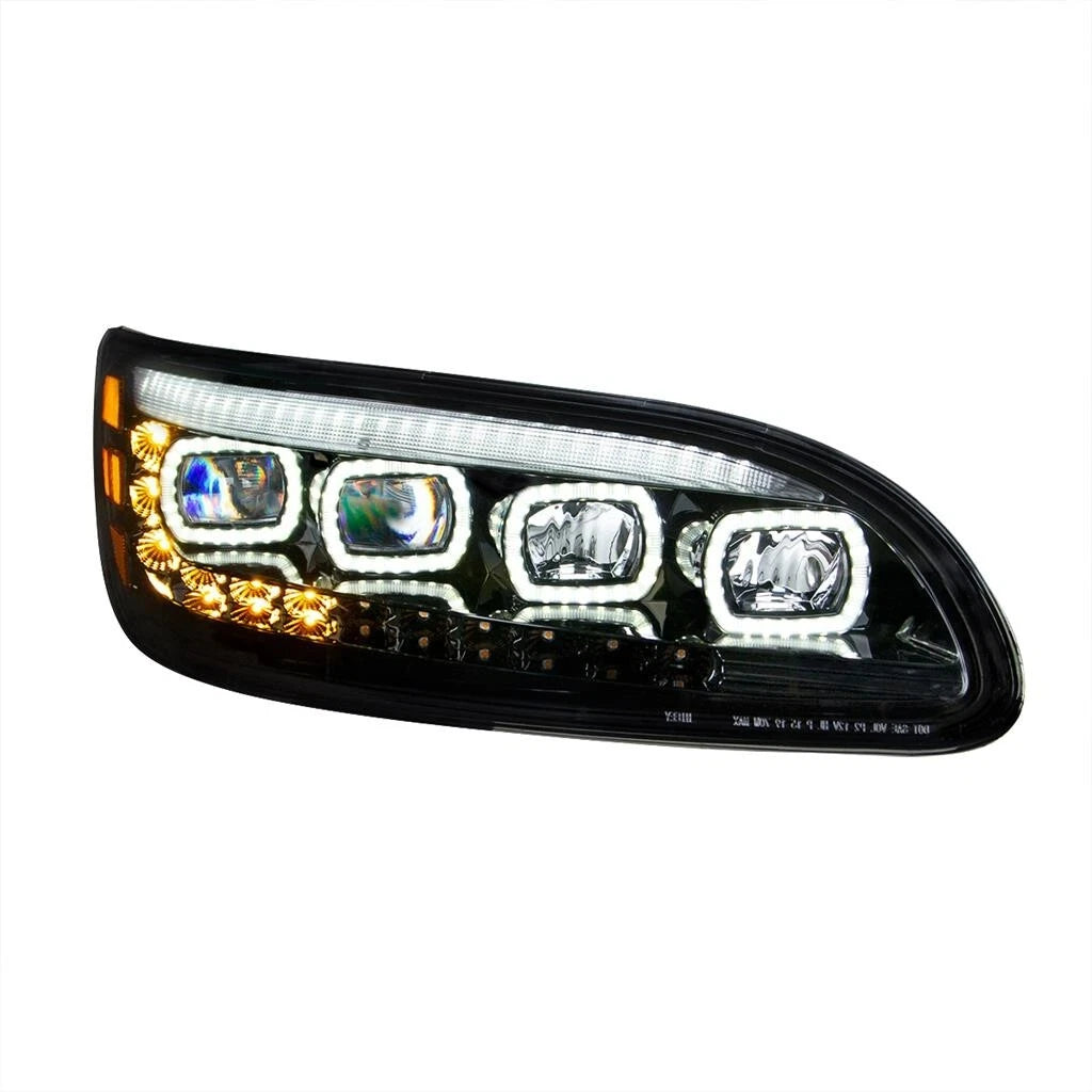 Quad LED Headlights Black with LED DRL Sequential for Peterbilt (2018–2021)