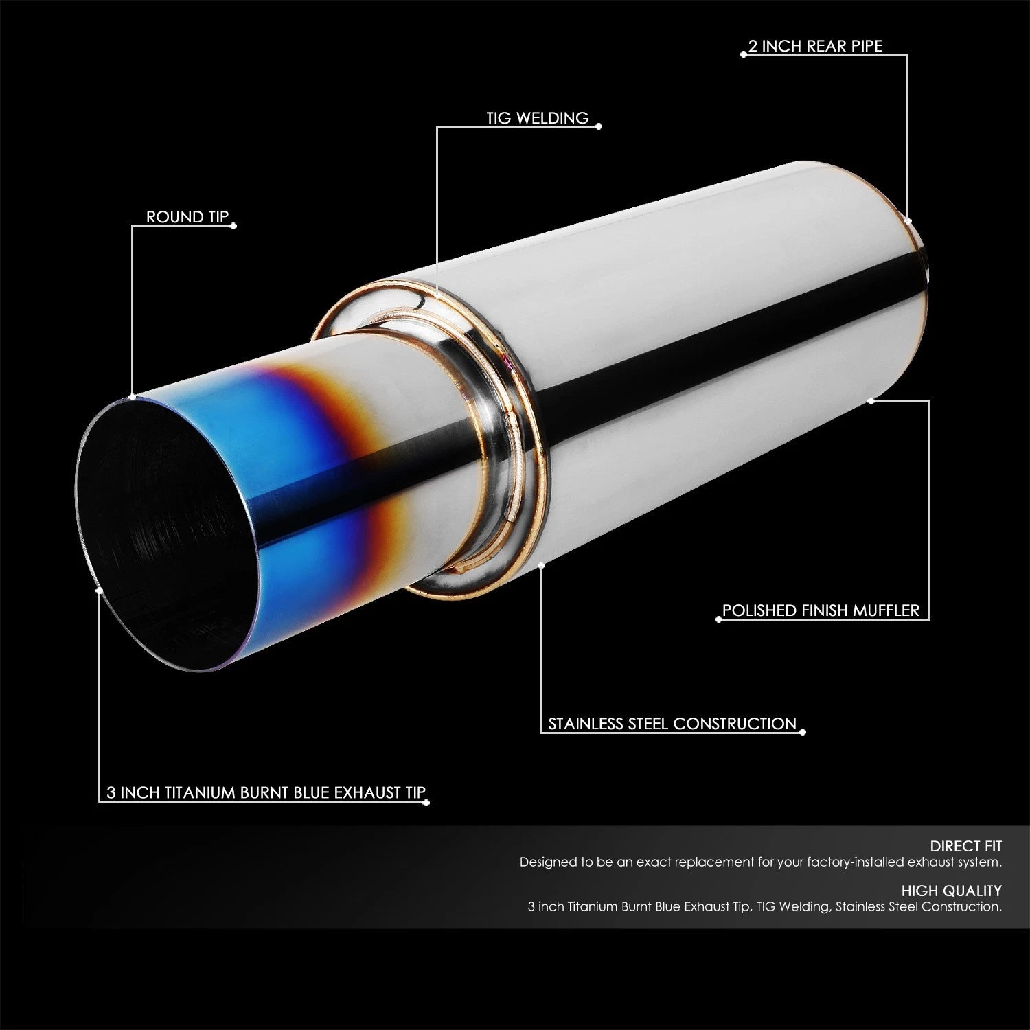 3" OD Burnt Titanium Round Tip Exhaust Muffler for Universal Fit (2000–2023)