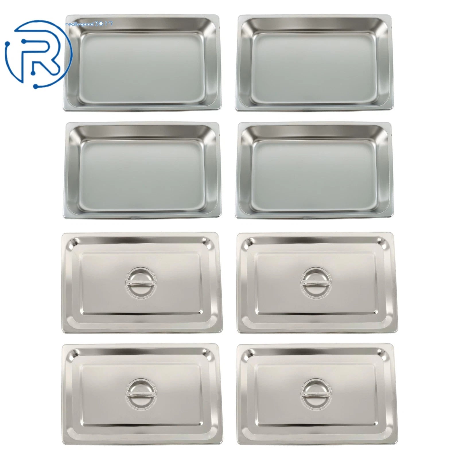 Set of 4 Full Size Hotel Pans 4" Deep with Lids Stainless Steel