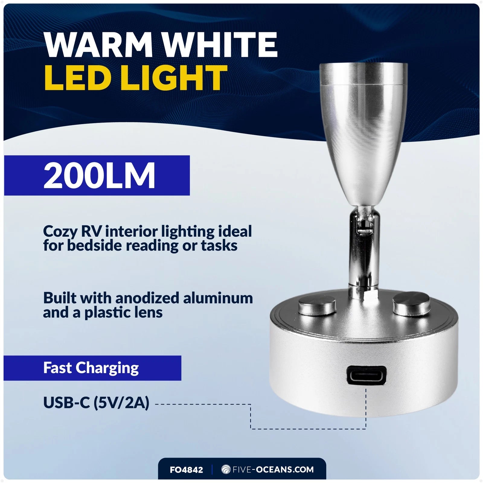 RV LED Reading Light with Touch Dimmer, USB-C, Warm White, 12V
