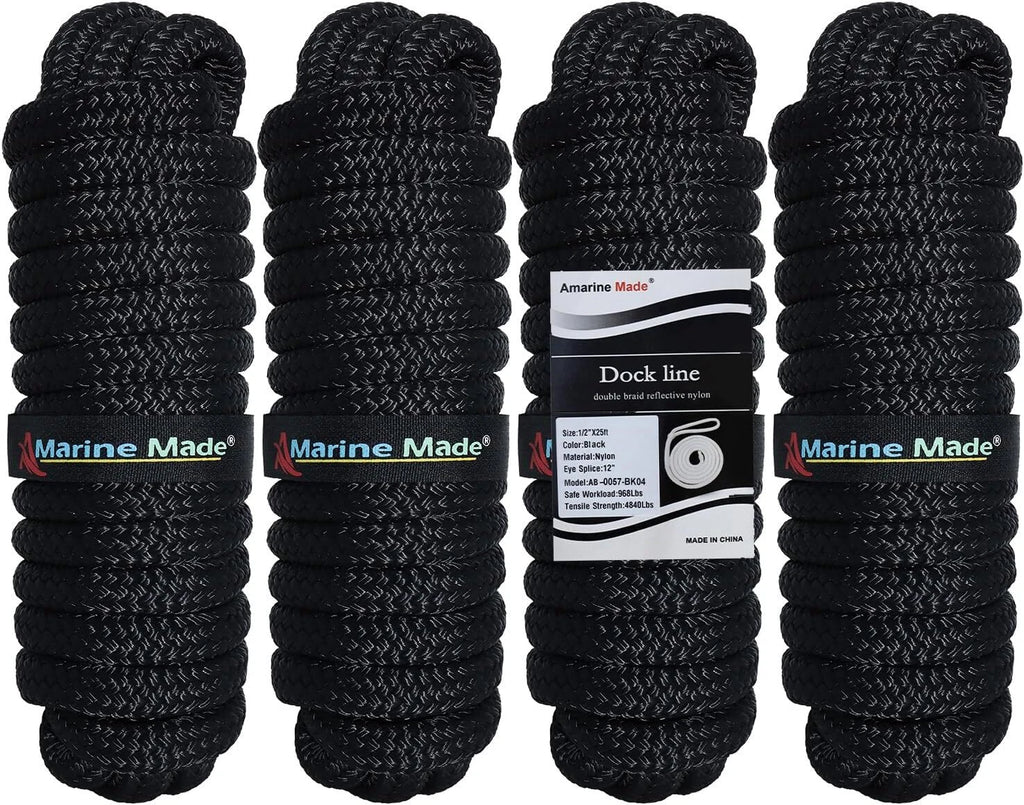 Set of 4 Double Braid Nylon Dock Lines for Boat (25FT, 1/2 inch)