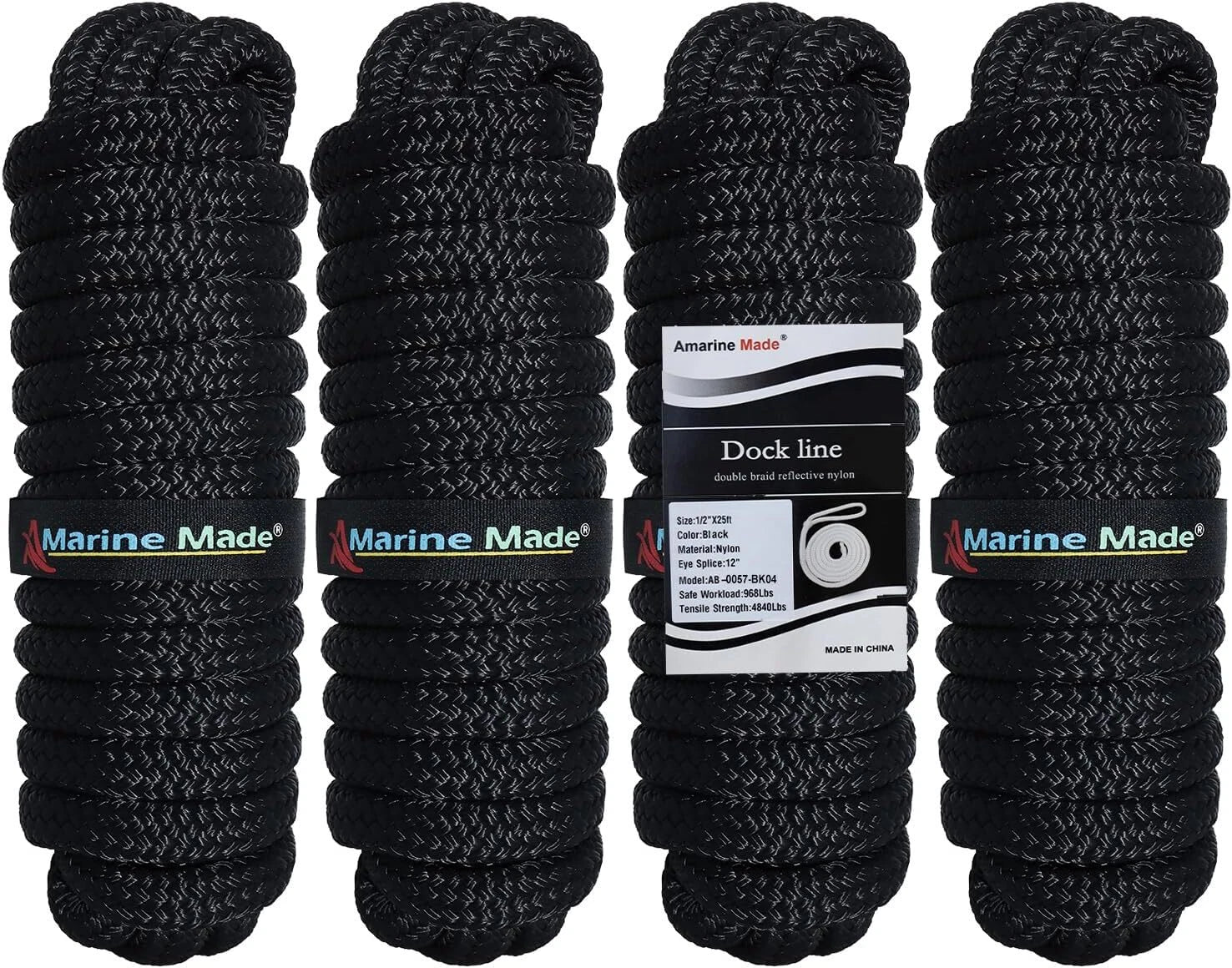 Set of 4 Double Braid Nylon Dock Lines for Boat (25FT, 1/2 inch)
