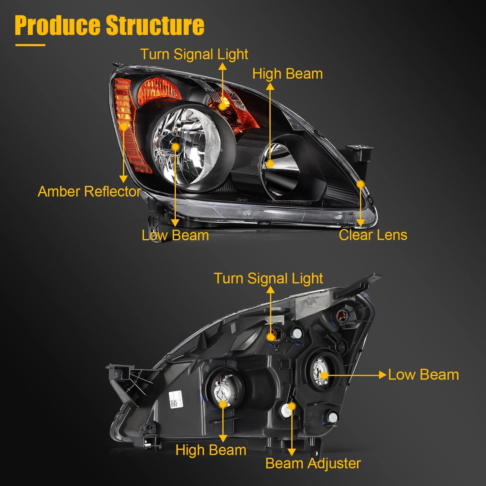 Headlight Assembly for Honda CR-V (2005–2006) Black Housing Pair