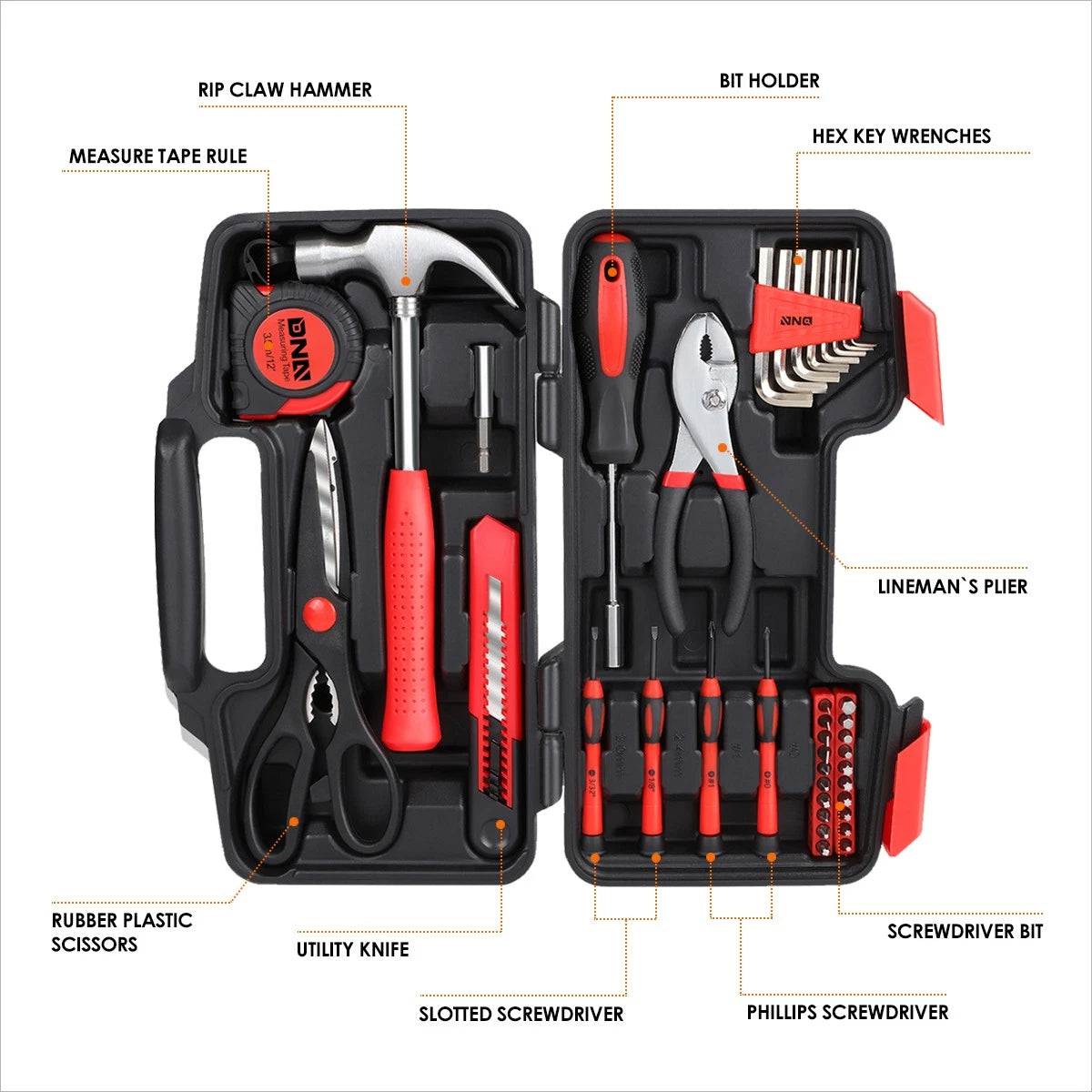39-Piece Household Toolbox Set - Screwdrivers, Hammers, Pliers, Utility Knife