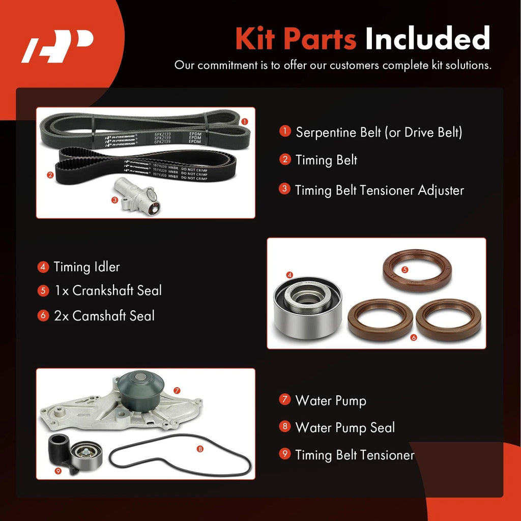 9x Timing Belt & Water Pump Kit for Honda Accord, Pilot, Odyssey (2003–2012)
